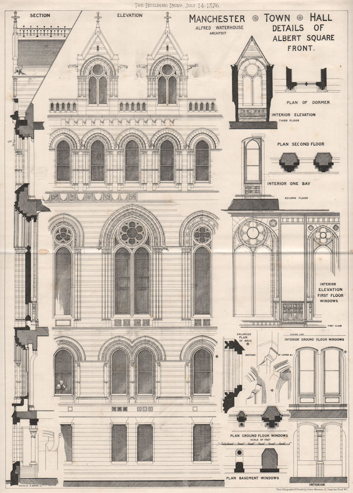 Manchester Town Hall. Albert Square front; Alfred Waterhouse 1876 old print